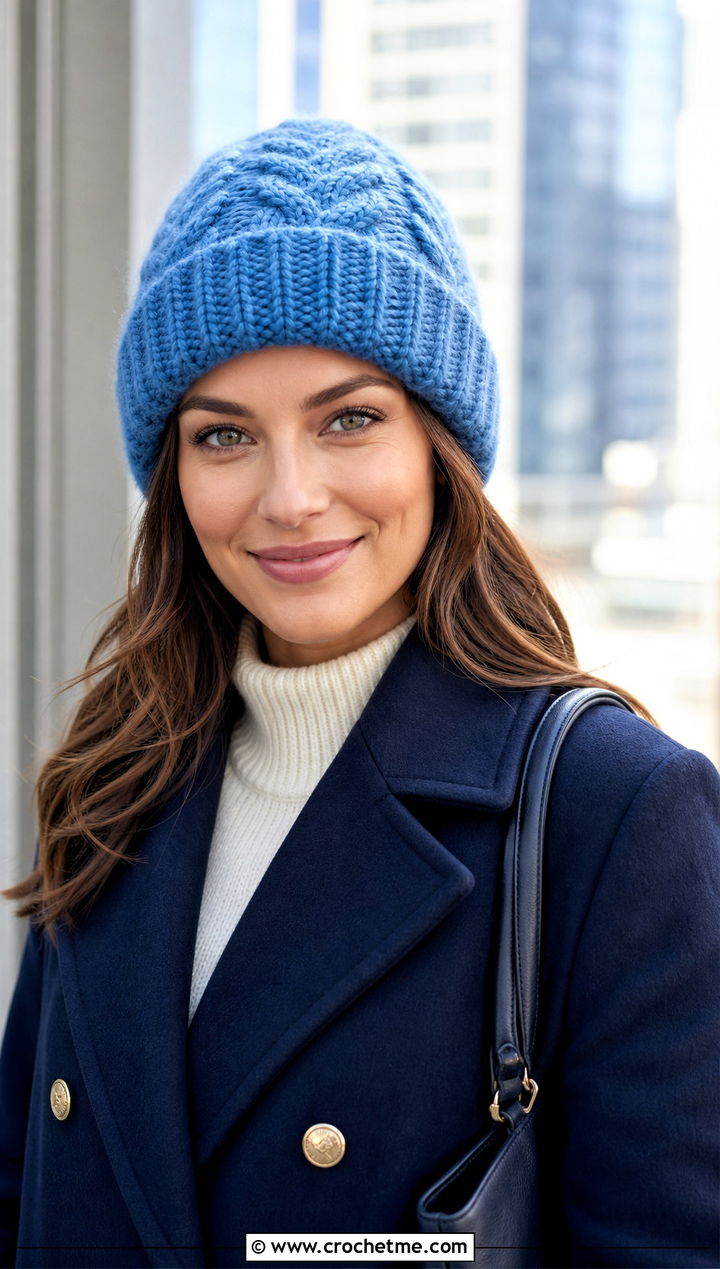 Fluffy Cable Texture Beanie With Peacoat And Plaid Trousers - 30 fluffy crochet beanie outfit ideas