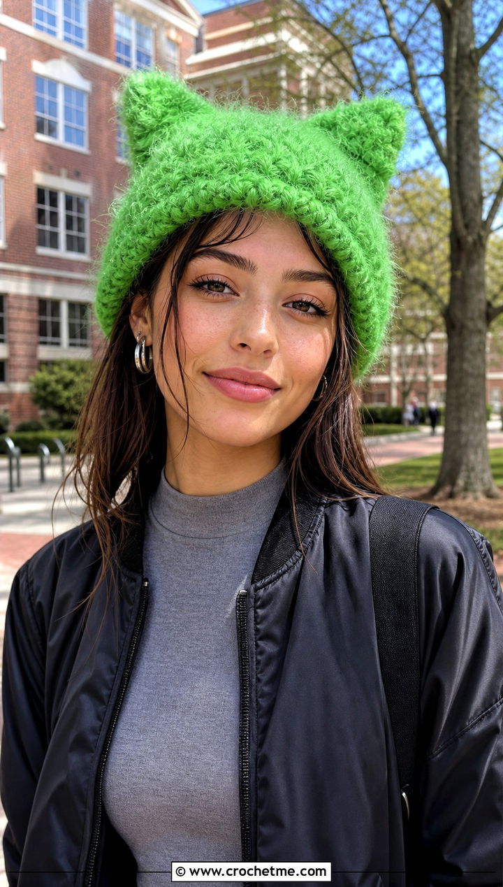 Fluffy Cat Ear Beanie With Bomber Jacket And Pleated Skirt - 30 fluffy crochet beanie outfit ideas