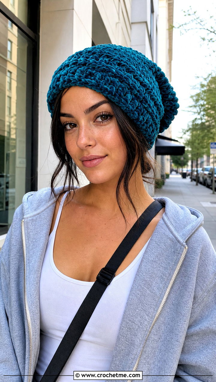 Fluffy Chenille Slouchy Beanie With Hoodie And Cargo Pants - 30 fluffy crochet beanie outfit ideas