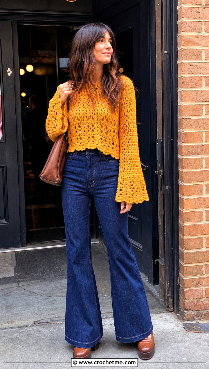 Fluffy Crochet Bell Sleeve Sweater With Flared Jeans - 35 fluffy crochet sweater outfit ideas