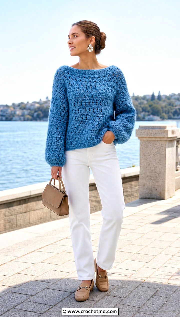 Fluffy Crochet Boat Neck Sweater With White Jeans - 35 fluffy crochet sweater outfit ideas