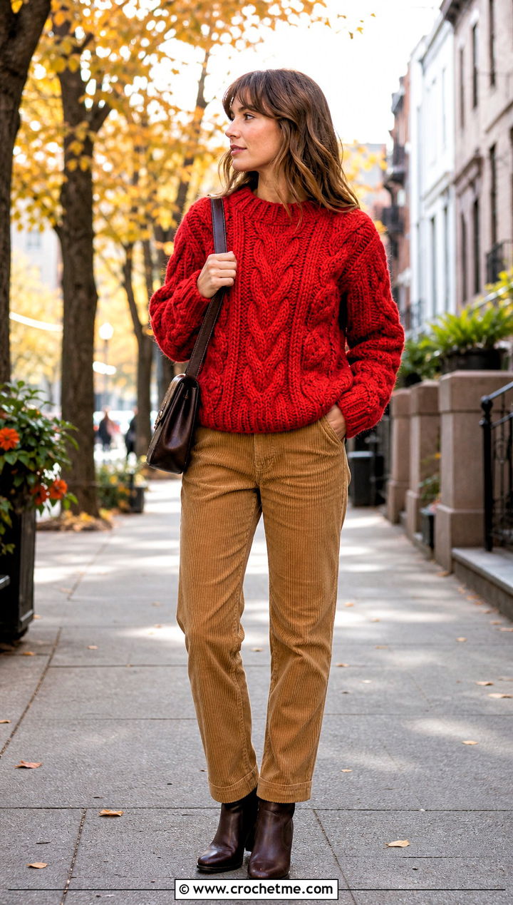 Fluffy Crochet Cable Sweater With Corduroy Pants - 35 fluffy crochet sweater outfit ideas