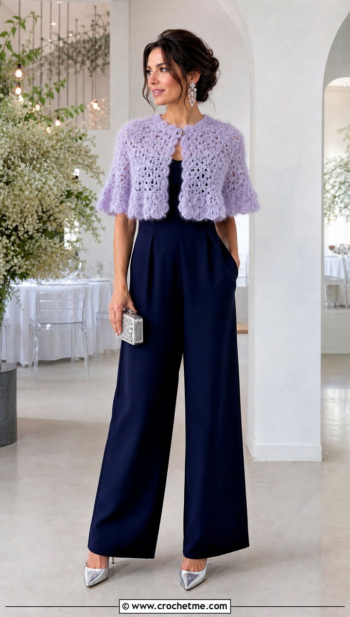 Fluffy Crochet Capelet With Tailored Jumpsuit - 30 fluffy crochet clothes and outfit ideas