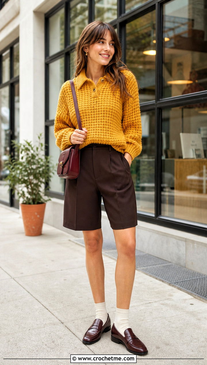 Fluffy Crochet Collared Sweater With Bermuda Shorts - 35 fluffy crochet sweater outfit ideas