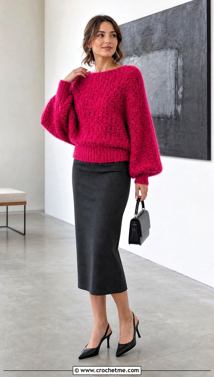 Fluffy Crochet Dolman Sweater With Pencil Skirt - 35 fluffy crochet sweater outfit ideas