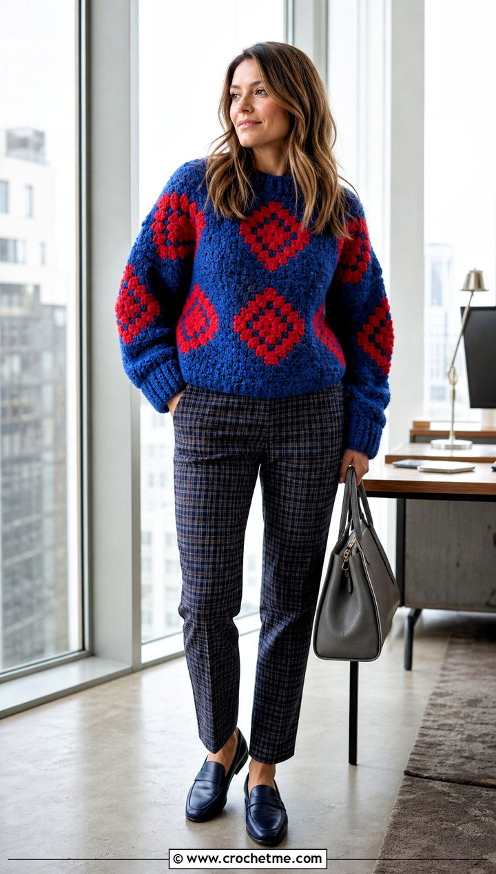 Fluffy Crochet Graphic Sweater With Plaid Pants - 35 fluffy crochet sweater outfit ideas