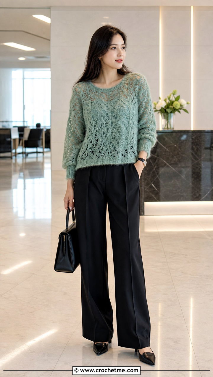 Fluffy Crochet Lace Sweater With Suit Trousers - 35 fluffy crochet sweater outfit ideas