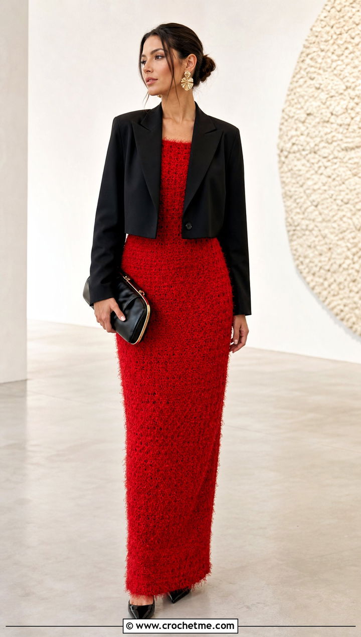 Fluffy Crochet Maxi Dress With Cropped Blazer - 30 fluffy crochet clothes and outfit ideas