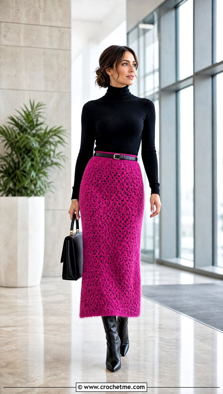 Fluffy Crochet Midi Skirt With Fitted Turtleneck - 30 fluffy crochet clothes and outfit ideas