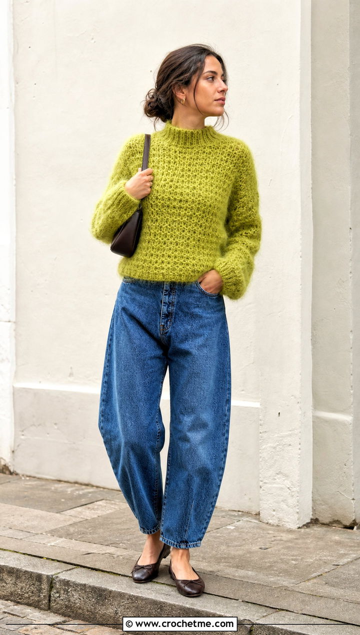 Fluffy Crochet Mock Neck Sweater With Barrel Jeans - 35 fluffy crochet sweater outfit ideas