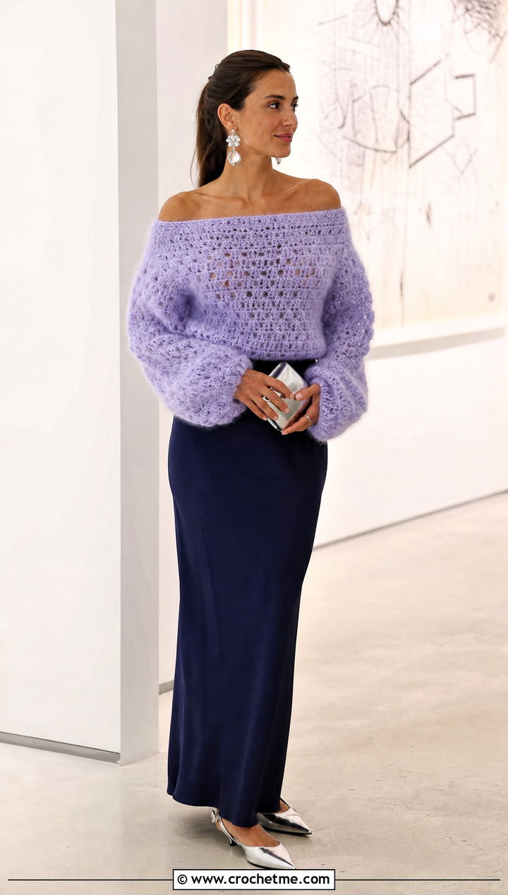 Fluffy Crochet Off Shoulder Sweater With Maxi Skirt - 35 fluffy crochet sweater outfit ideas