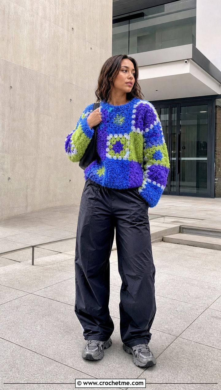 Fluffy Crochet Patchwork Sweater With Parachute Pants - 35 fluffy crochet sweater outfit ideas