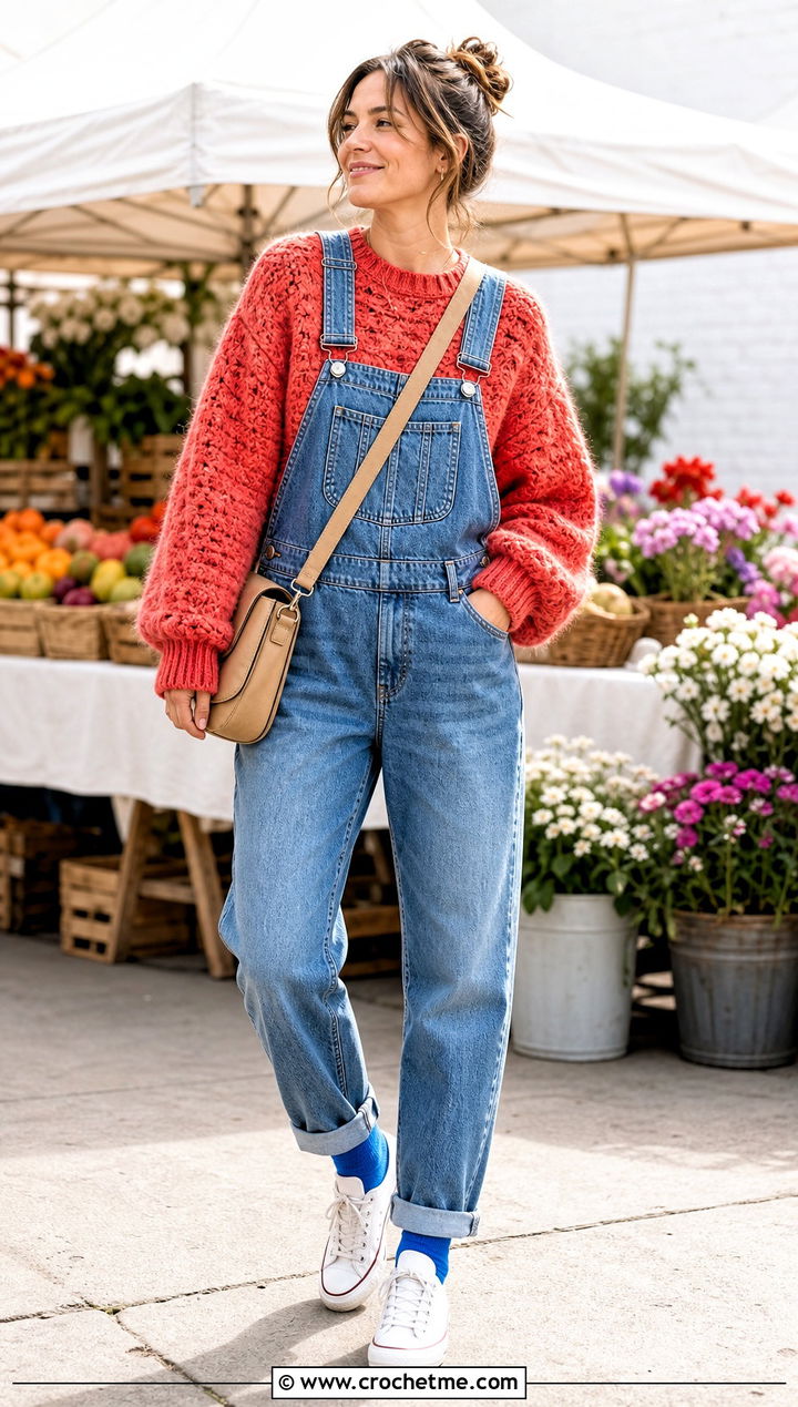 Fluffy Crochet Raglan Sweater With Denim Overalls - 35 fluffy crochet sweater outfit ideas