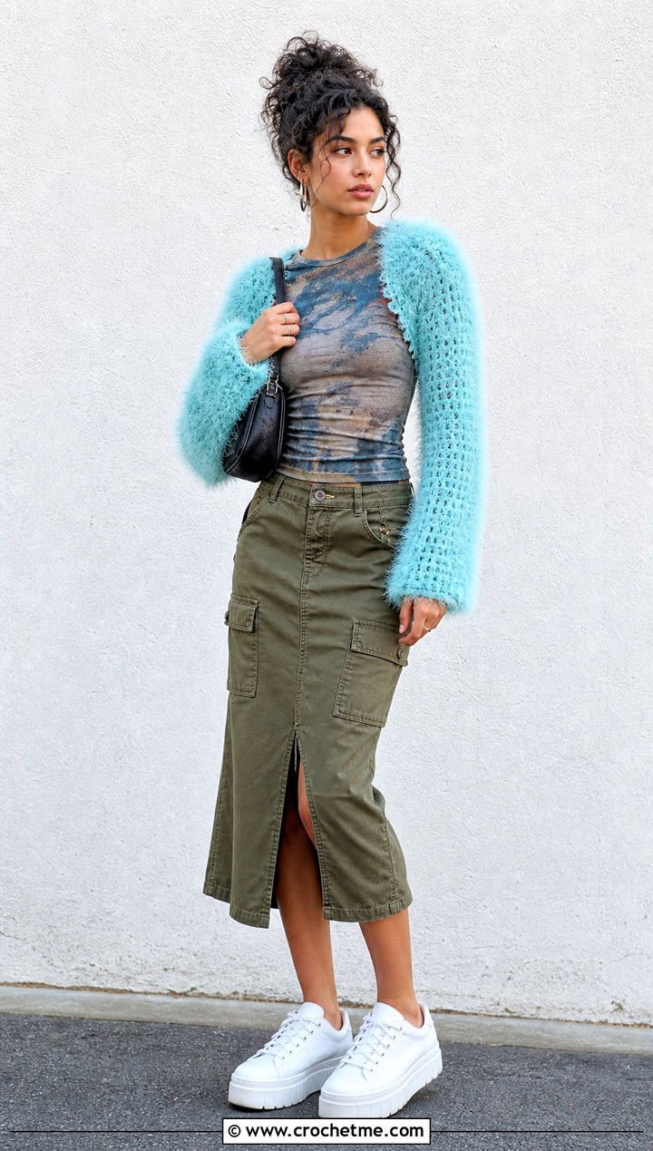 Fluffy Crochet Shrug With Graphic T Shirt And Cargo Skirt - 30 fluffy crochet clothes and outfit ideas