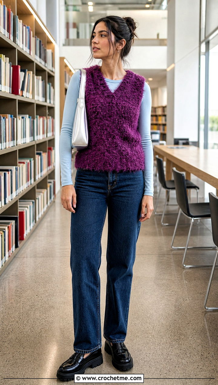 Fluffy Crochet Sweater Vest With Long Sleeve Top - 35 fluffy crochet sweater outfit ideas