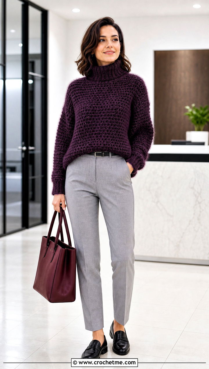 Fluffy Crochet Turtleneck Sweater With Tailored Pants - 35 fluffy crochet sweater outfit ideas