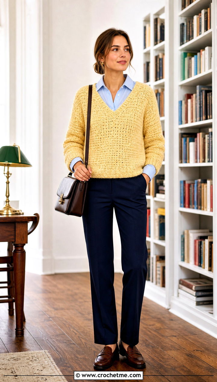 Fluffy Crochet V Neck Sweater With Button Down Shirt - 35 fluffy crochet sweater outfit ideas