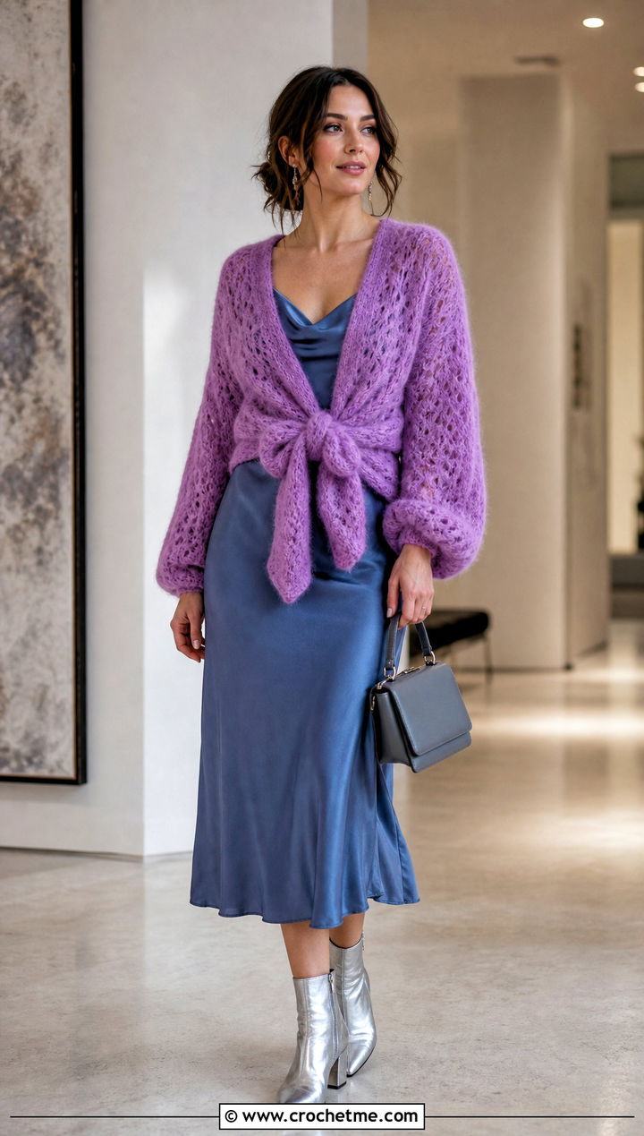 Fluffy Crochet Wrap Sweater With Slip Dress - 35 fluffy crochet sweater outfit ideas