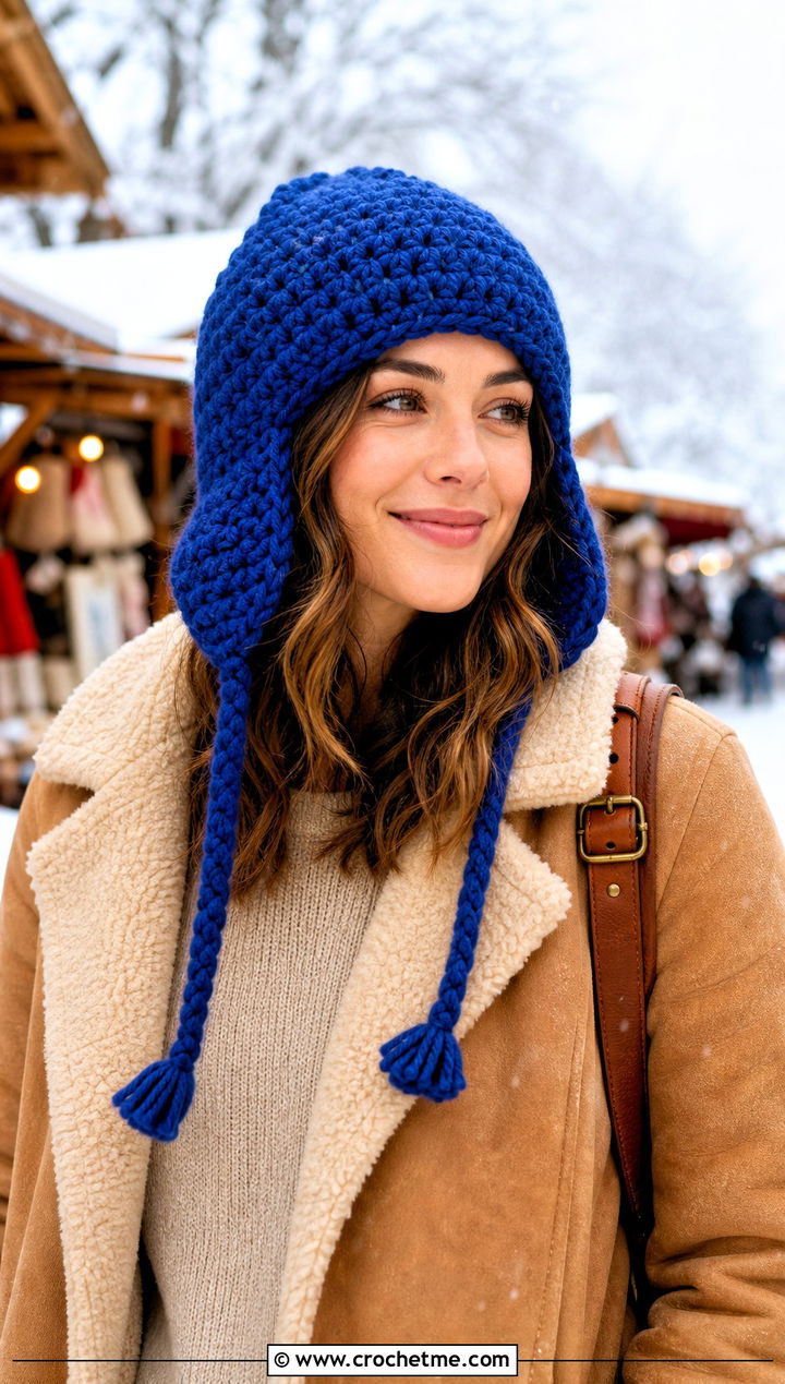 Fluffy Earflap Beanie With Shearling Coat And Corduroy Pants - 30 fluffy crochet beanie outfit ideas
