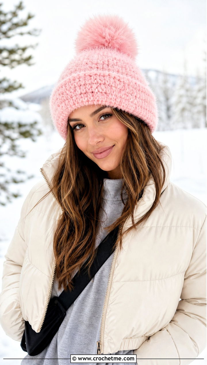 Fluffy Faux Fur Pom Pom Beanie With Puffer And Leggings - 30 fluffy crochet beanie outfit ideas