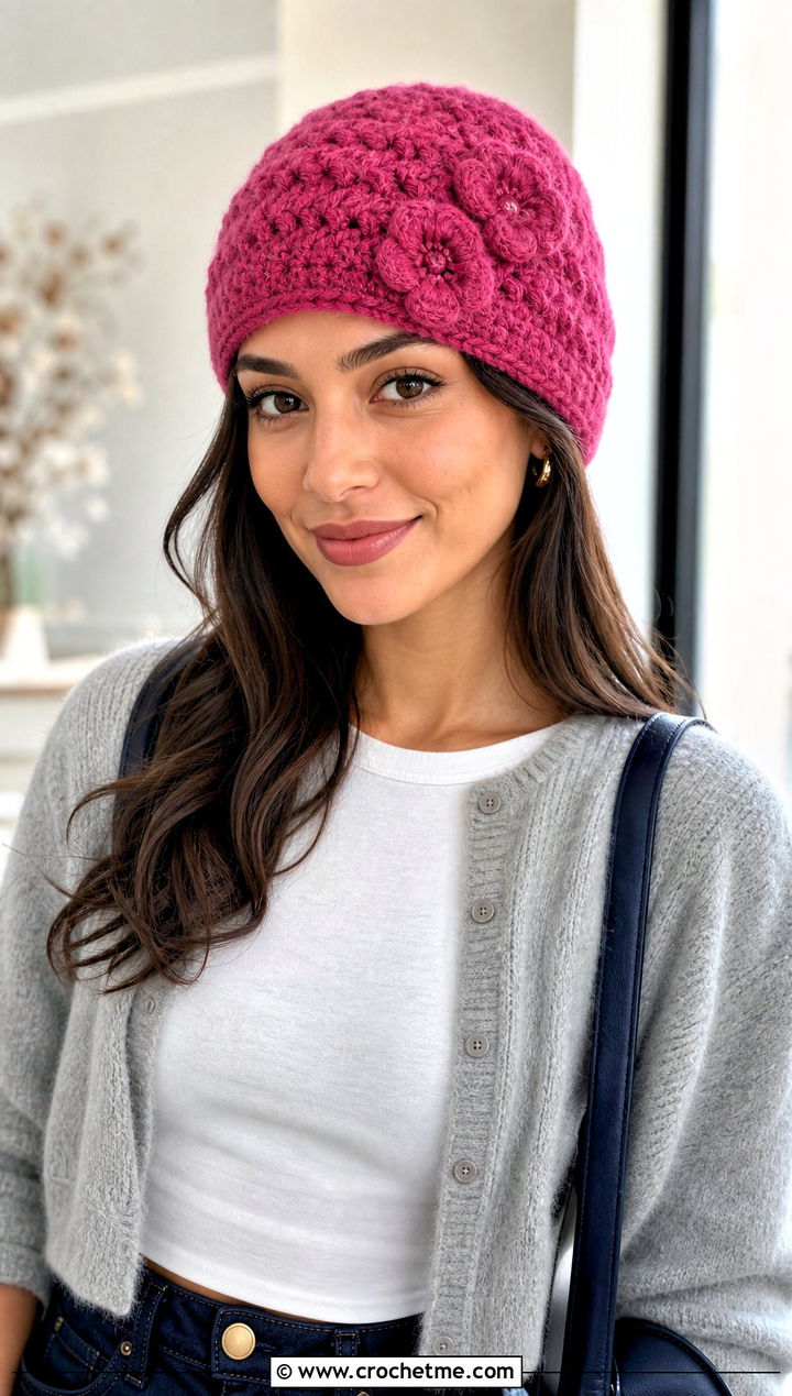 Fluffy Floral Applique Beanie With Cardigan And Satin Skirt - 30 fluffy crochet beanie outfit ideas