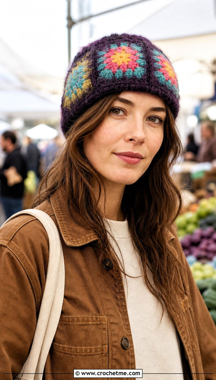 Fluffy Granny Square Beanie With Workwear Jacket And Wide Leg Jeans - 30 fluffy crochet beanie outfit ideas