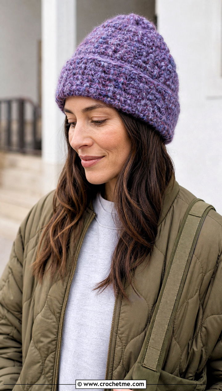Fluffy Marled Beanie With Quilted Jacket And Utility Pants - 30 fluffy crochet beanie outfit ideas