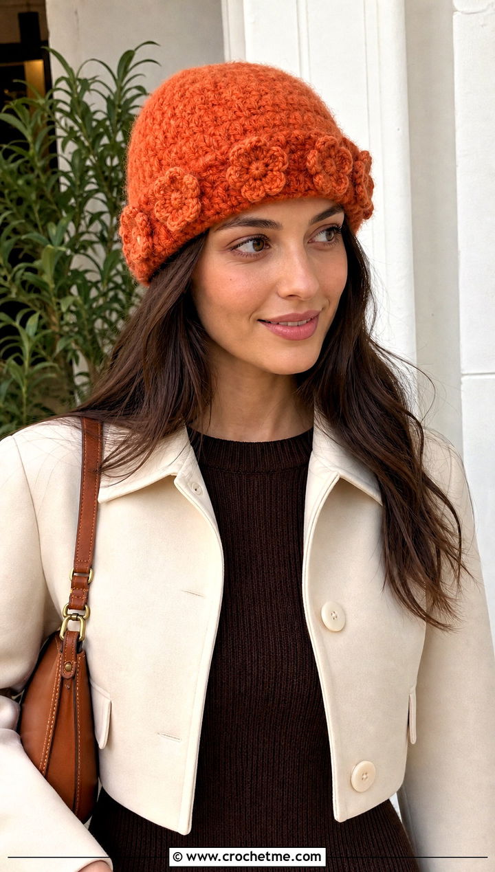 Fluffy Mini Flower Beanie With Cropped Jacket And Column Dress - 30 fluffy crochet beanie outfit ideas