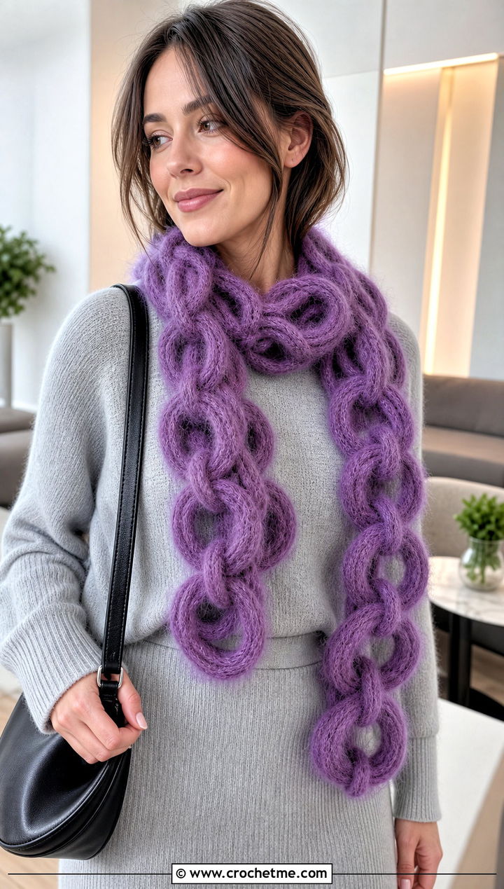 Fluffy Mohair Chain Link Scarf With Minimal Knit Set - 25 Crochet Chain Link Scarf outfit ideas