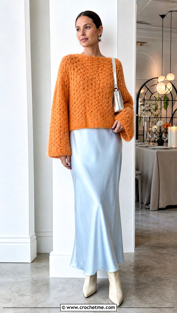 Fluffy Mohair Crochet Boxy Sweater Over A Slip Dress - 25 Crochet Boxy Sweater outfit ideas