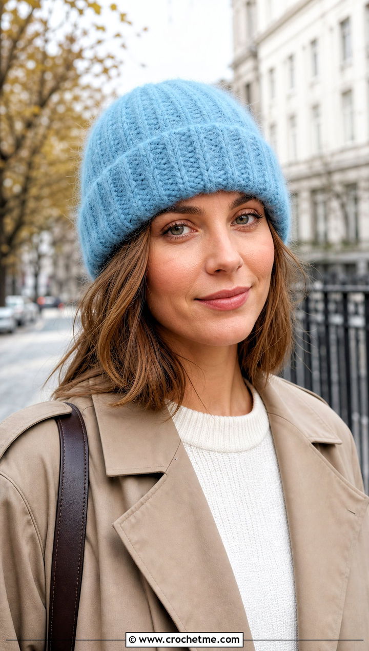 Fluffy Mohair Ribbed Beanie With Trench Coat And Jeans - 30 fluffy crochet beanie outfit ideas