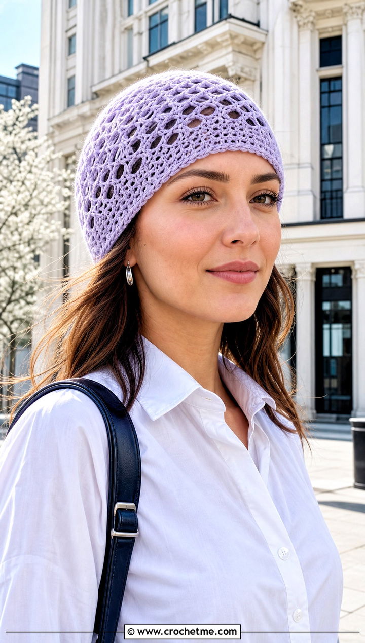 Fluffy Openwork Lace Beanie With Button Down And Tailored Shorts - 30 fluffy crochet beanie outfit ideas