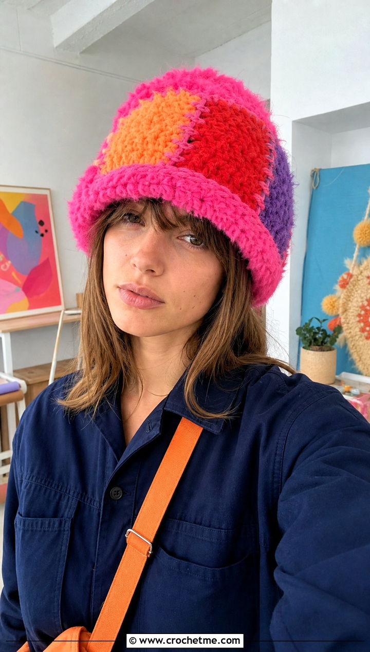 Fluffy Patchwork Beanie With Boiler Suit And Sneakers - 30 fluffy crochet beanie outfit ideas