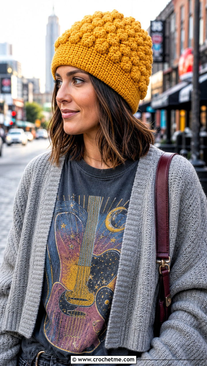 Fluffy Popcorn Stitch Beanie With Graphic Tee And Maxi Skirt - 30 fluffy crochet beanie outfit ideas
