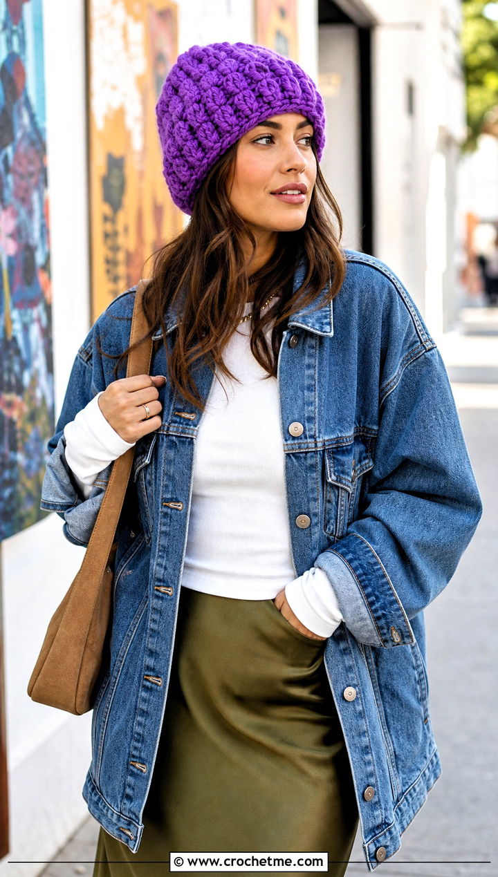 Fluffy Puff Stitch Beanie With Denim Jacket And Midi Skirt - 30 fluffy crochet beanie outfit ideas