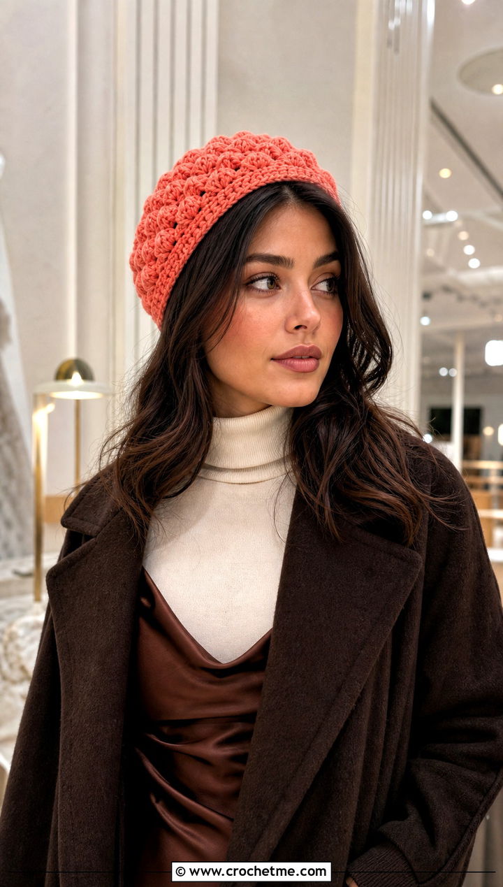 Fluffy Shell Stitch Beanie With Long Coat And Slip Dress - 30 fluffy crochet beanie outfit ideas