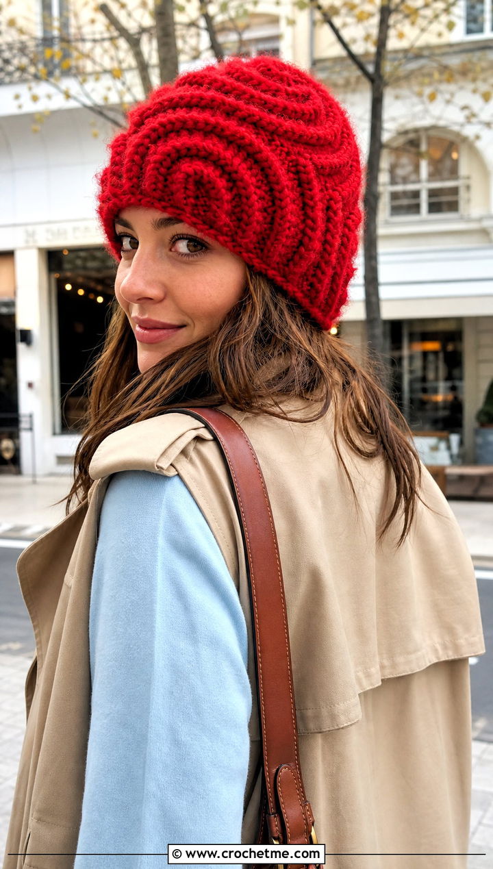 Fluffy Spiral Stitch Beanie With Trench Vest And Denim Maxi Skirt - 30 fluffy crochet beanie outfit ideas