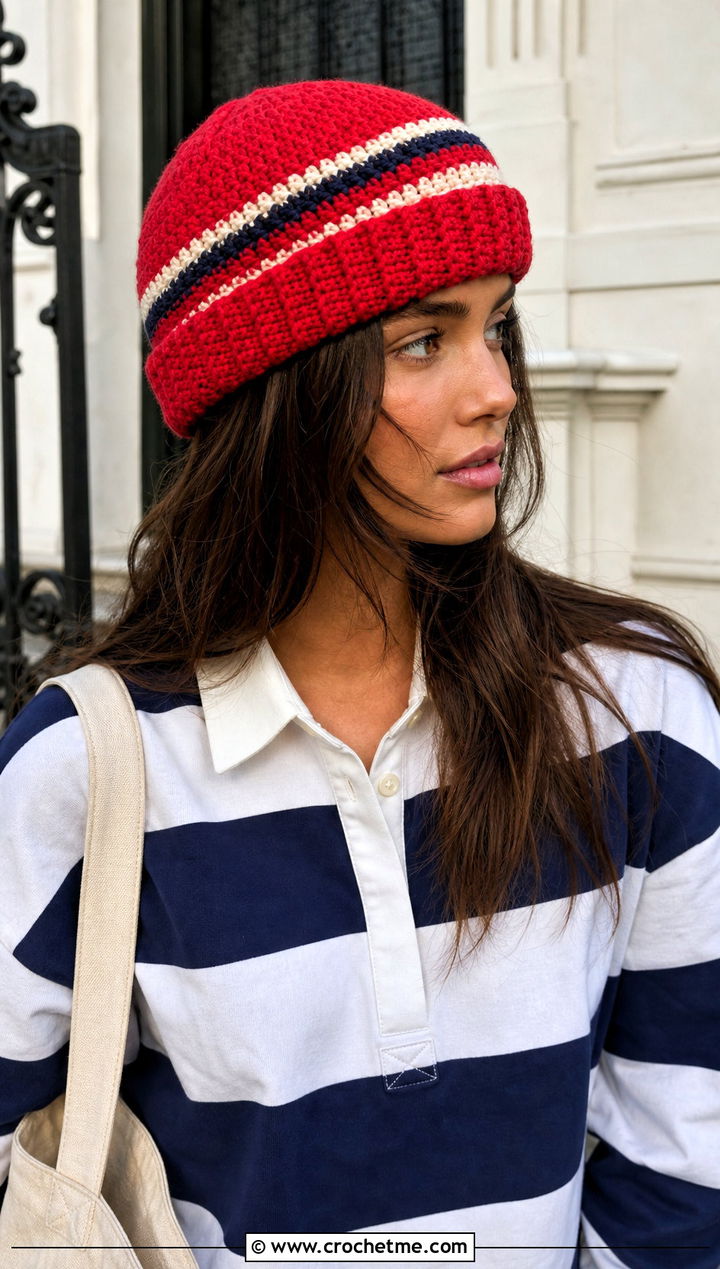 Fluffy Striped Beanie With Rugby Shirt And Barrel Jeans - 30 fluffy crochet beanie outfit ideas