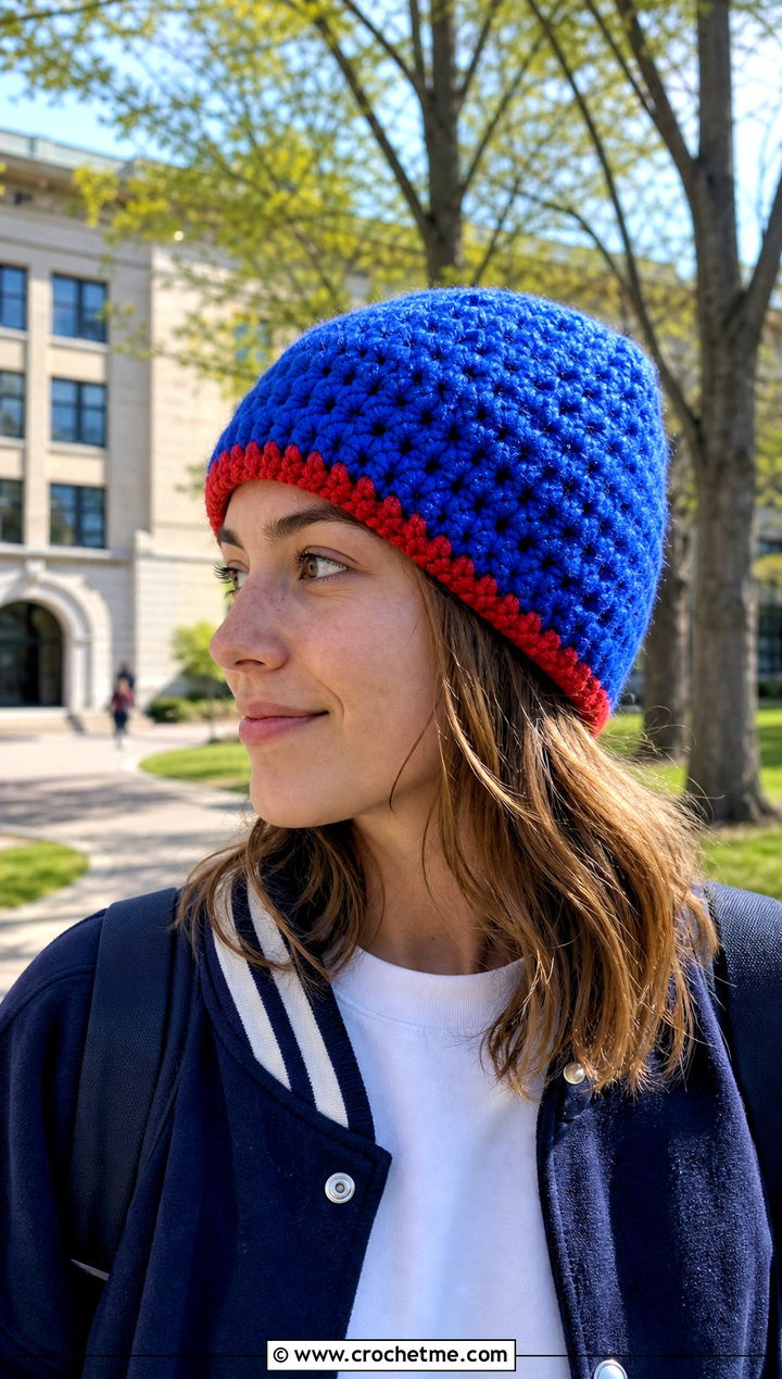 Fluffy Two Tone Beanie With Varsity Jacket And Miniskirt - 30 fluffy crochet beanie outfit ideas