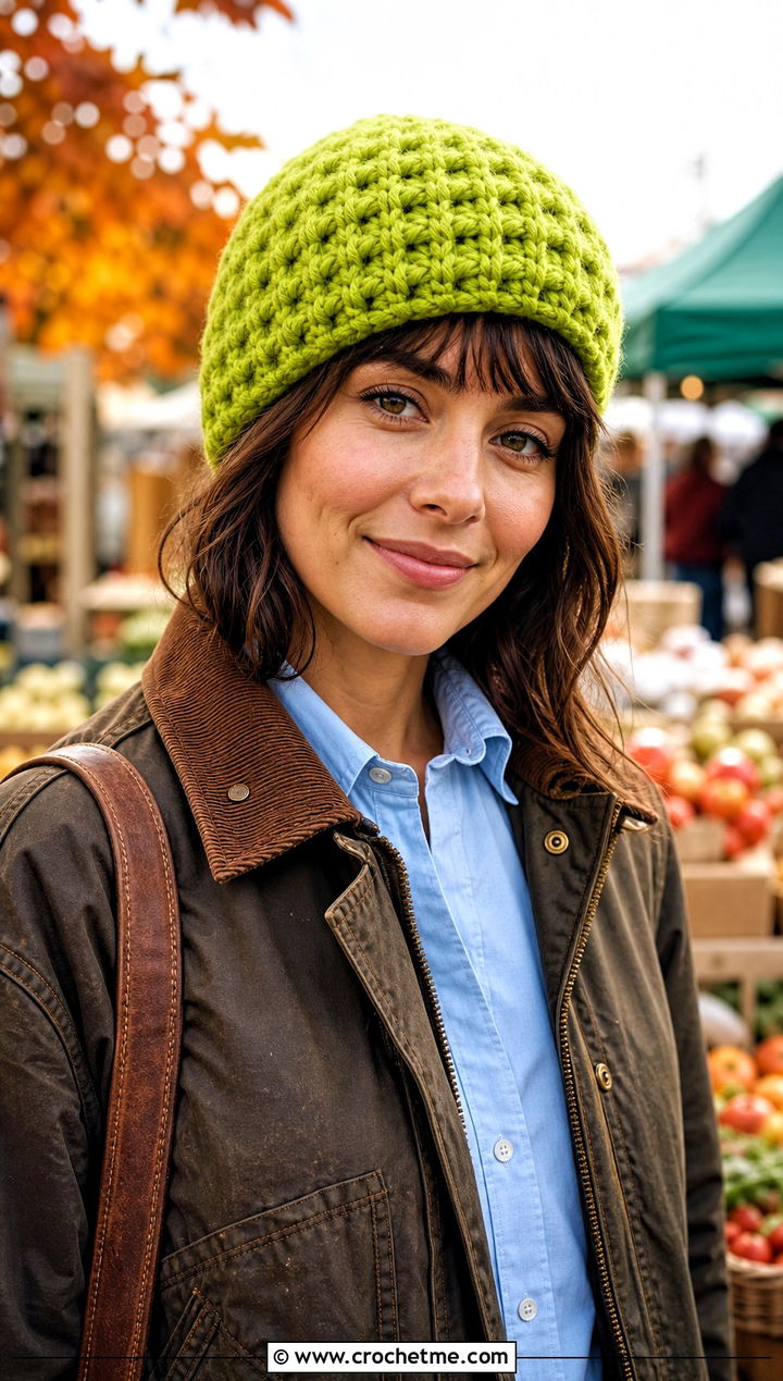 Fluffy Waffle Stitch Beanie With Barn Jacket And Chinos - 30 fluffy crochet beanie outfit ideas