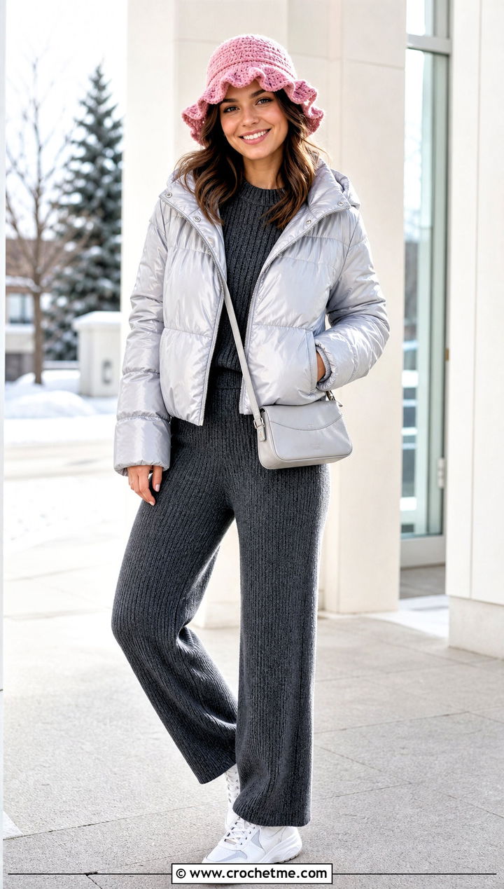 Fluffy Yarn Crochet Ruffle Bucket Hat With Puffer Jacket And Knit Set - 35 crochet ruffle bucket hat outfit ideas