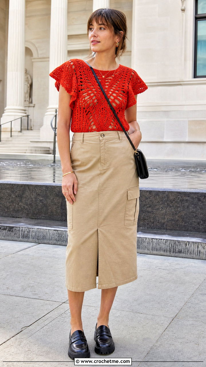Flutter Sleeve Butterfly Crochet Top With Utility Skirt - 35 butterfly crochet top outfit ideas