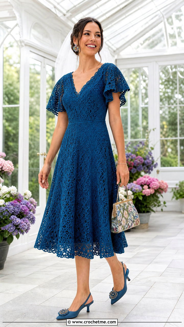 Flutter Sleeve Crochet Tea Length Wedding Dress - 35 crochet wedding dresses outfit ideas