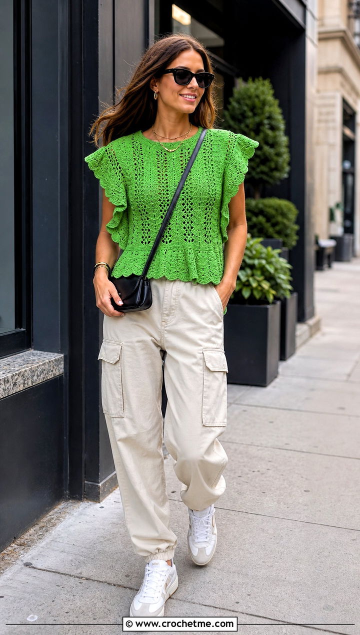 Flutter Sleeve Ruffled Crochet Top With Cargo Pants - 25 ruffled crochet top outfit ideas