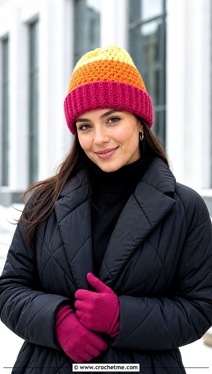 Fold Over Brim Candy Corn Crochet Beanie With Monochrome Layers - 15 candy corn crochet beanie outfit ideas