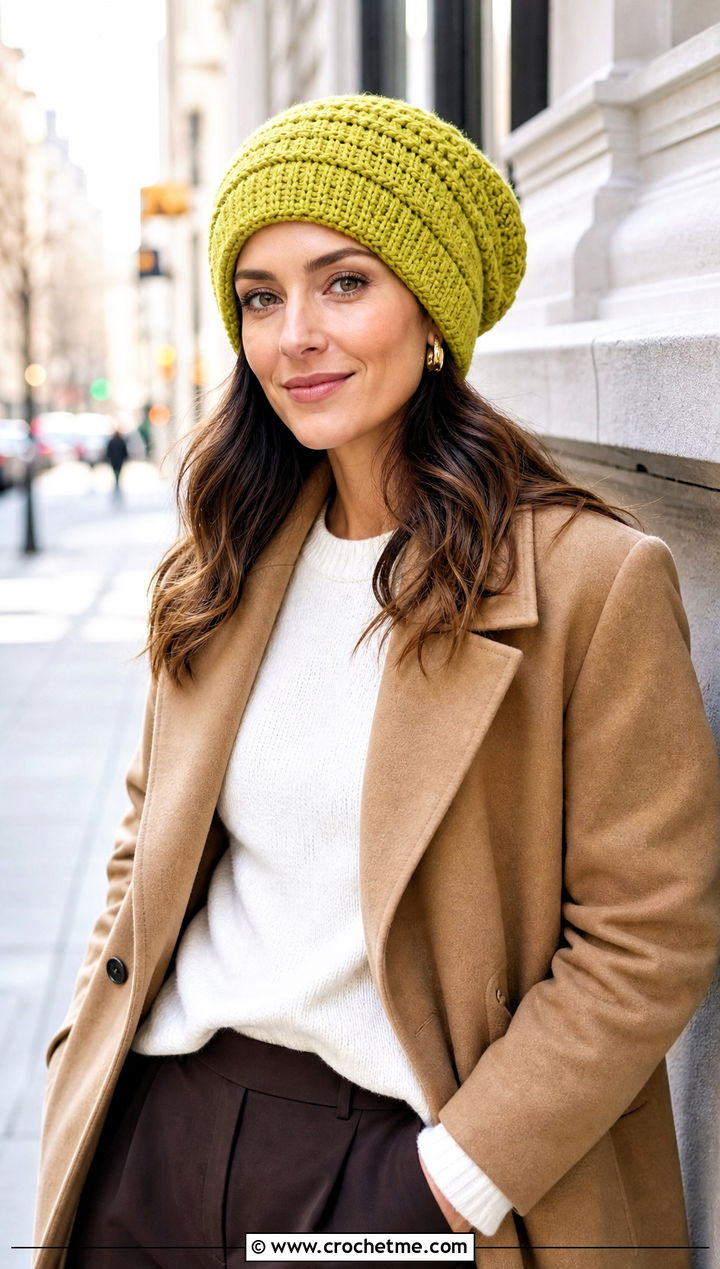 Fold Over Brim Crochet Slouch Beanie With Camel Coat - 35 crochet slouch beanie outfit ideas