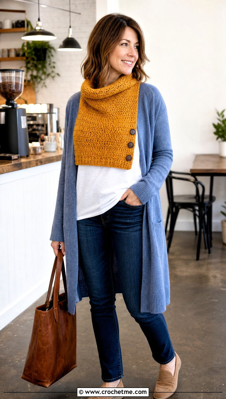 Fold Over Collar Button Cowl With Cardigan And Jeans - 25 crochet button cowl outfit ideas