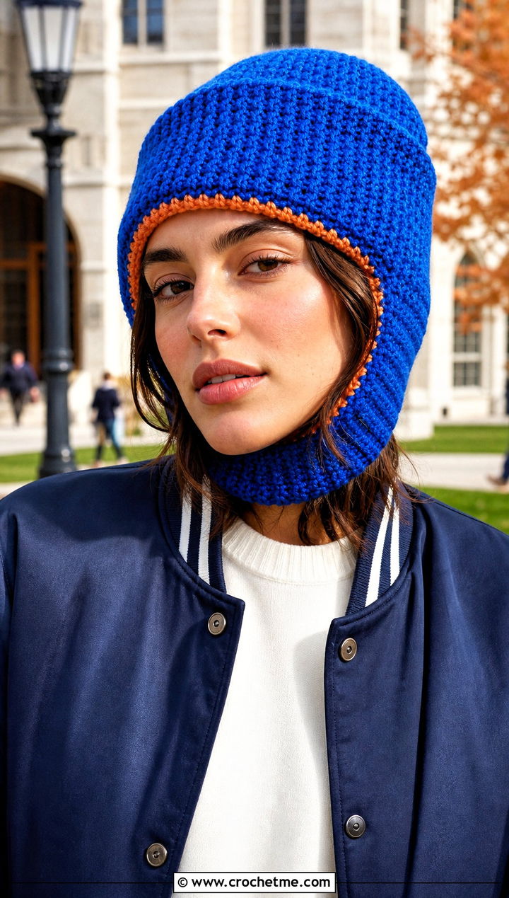 Fold Over Crochet Balaclava Beanie With Varsity Jacket - 25 crochet balaclava beanie outfit ideas
