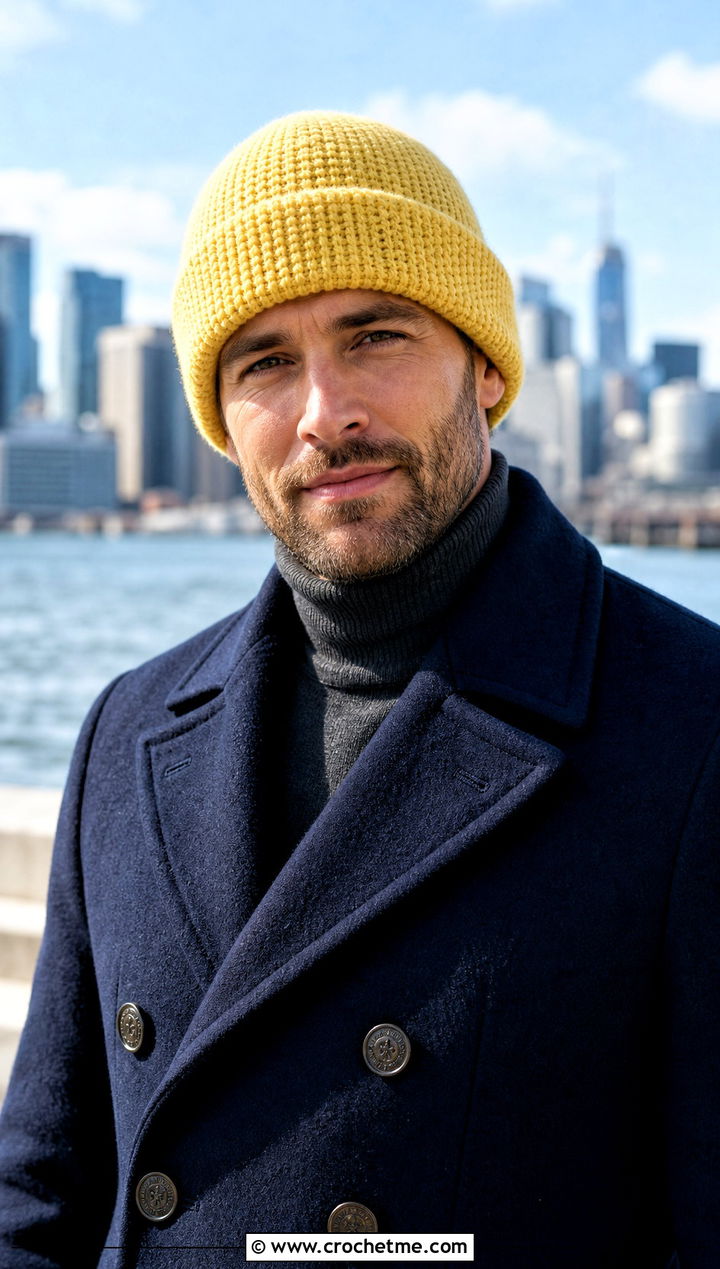 Fold Over Crochet Beanie With Peacoat - 30 mens crochet hats men's beanie outfit ideas