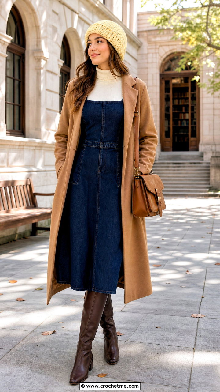 Fold Over Crochet Beanie With Pinafore Dress - 35 easy crochet beanie womens outfit ideas